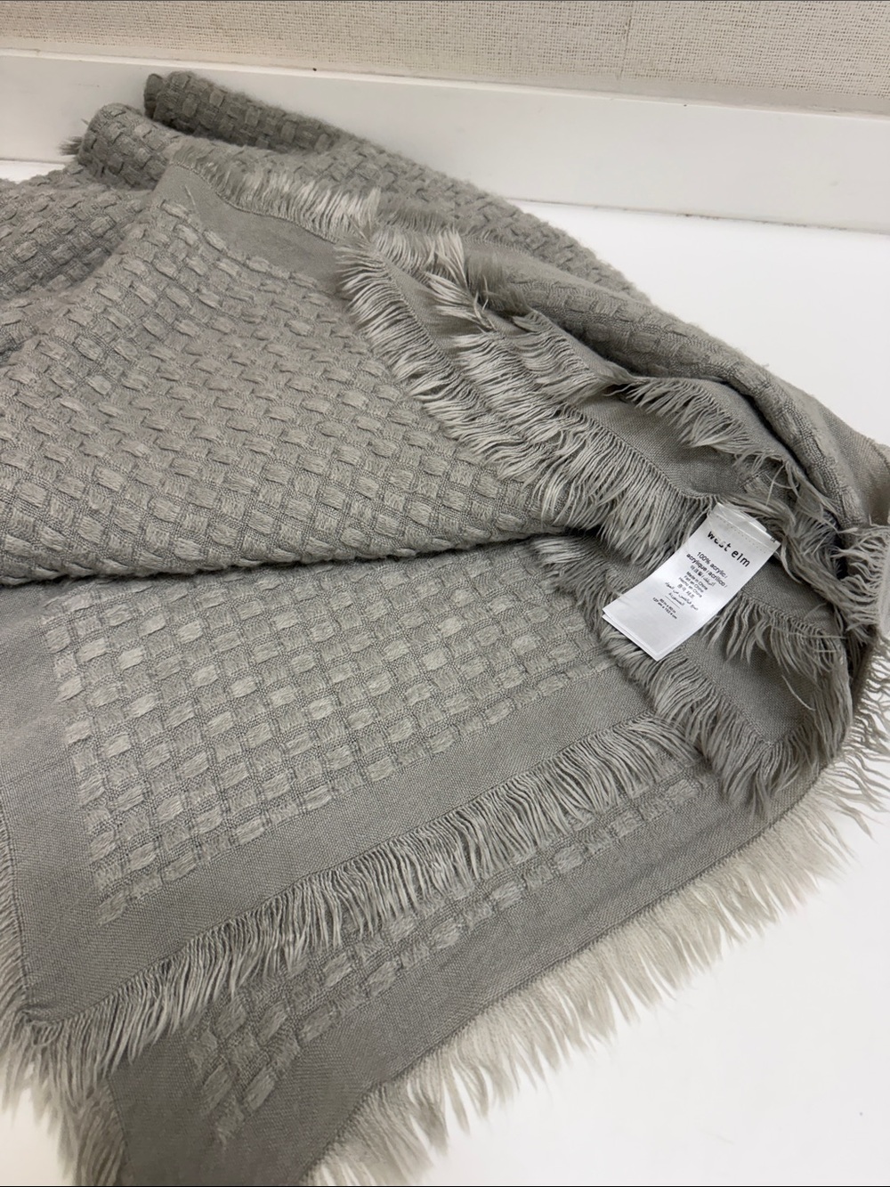 West Elm Neutral Gray Waffle Knit Fringe Throw Blanket
